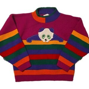 Vtg 1980s Mini Waves Girls Small Colorful Panda Bear Pullover Knit Sweater USA